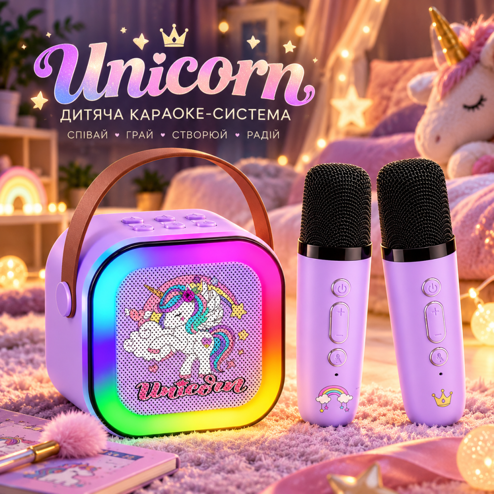 Дитяча караоке-система Unicorn з 2 бездротовими мікрофонами, RGB-підсвіткою, портативна, фіолетова Київ - фото 1