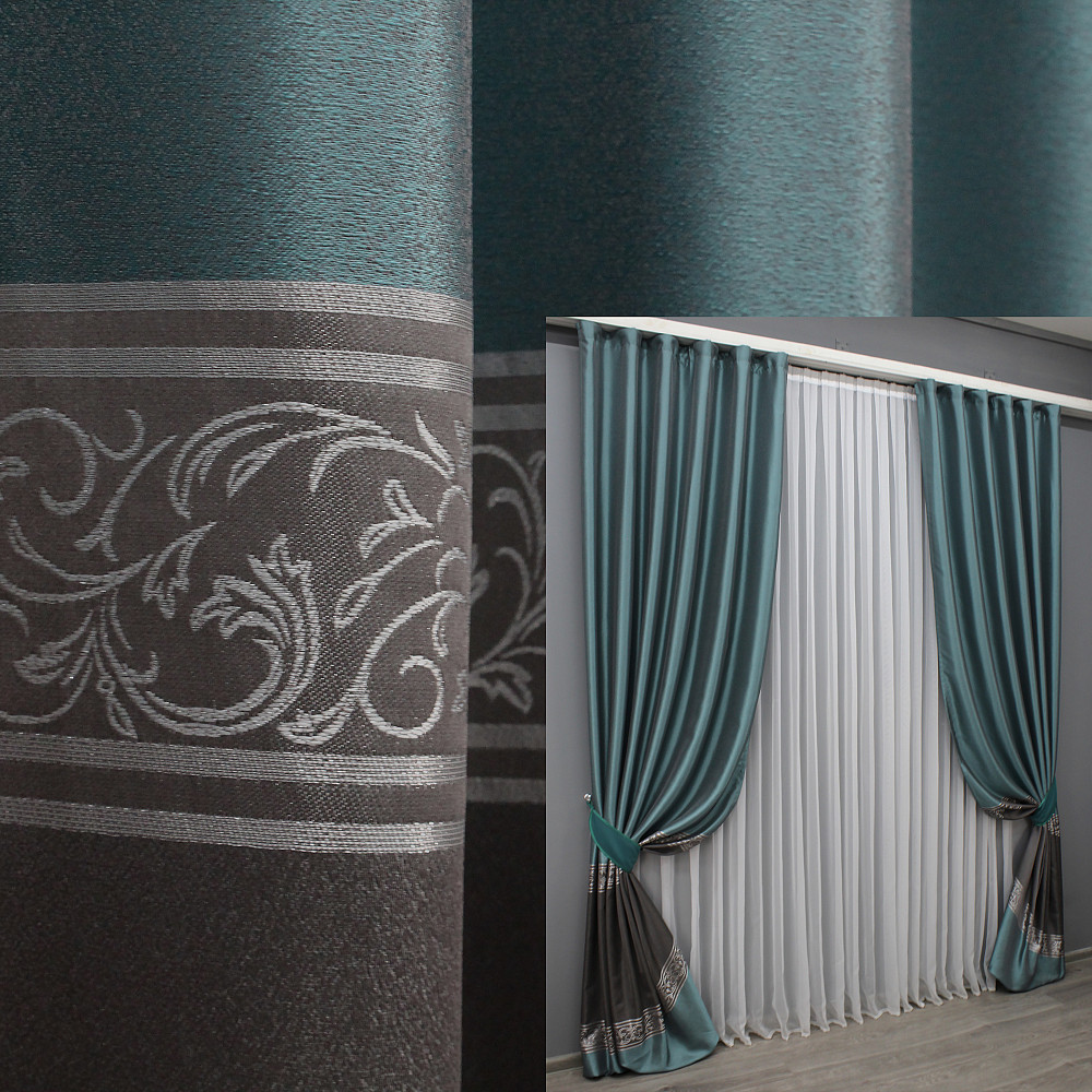 Комплект готовых штор VR-Textil ANZIO № 1465ш Бирюзовый с графитовым 140х290 см 2 шт (33-0332) Киев - изображение 1