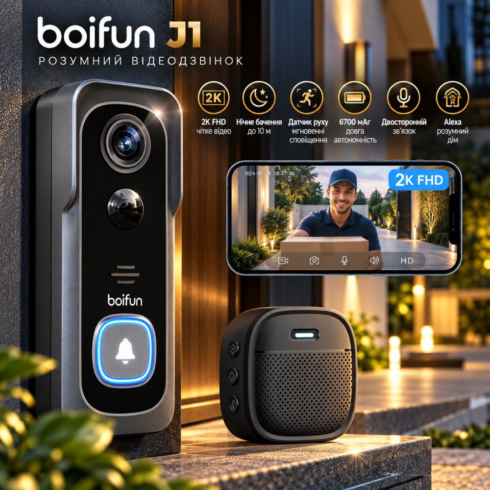 Умный видеозвонок BOIFUN J1 2K Wi-Fi 2.4 ГГц, аккумулятор 6700 мАч, ночное видение 10 м, датчик движения, Alexa, двусторонняя связ Киев - изображение 1