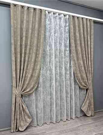 Комплект штор VR-Textil Жаккард Мрамор 200х270 2шт и Тюль 600х270 1208ш-1400т Бежево-серый с белым 71-006/7 Киев
