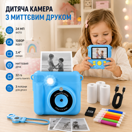 Детская камера AORILE с моментальной печатью, 24 МП, видео 1080P, экран 2,4″, карта 32 ГБ, 3 рулона, синяя Киев