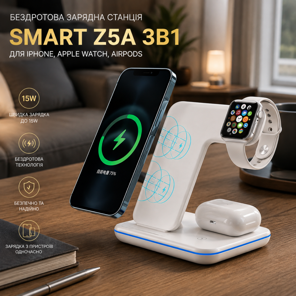 Беспроводная зарядная станция Smart Z5A 3в1 15W для iPhone, Apple Watch, AirPods, белая Киев - изображение 5