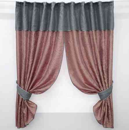 Кухонные шторы VR-Textil № 073к с ламбрекеном и подхватами розово-золотистый с серым 275х170 см (52-0370) Киев