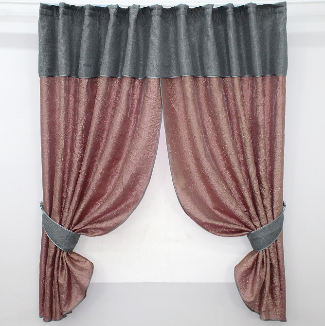 Кухонные шторы VR-Textil № 073к с ламбрекеном и подхватами розово-золотистый с серым 275х170 см (52-0370) Киев - изображение 1