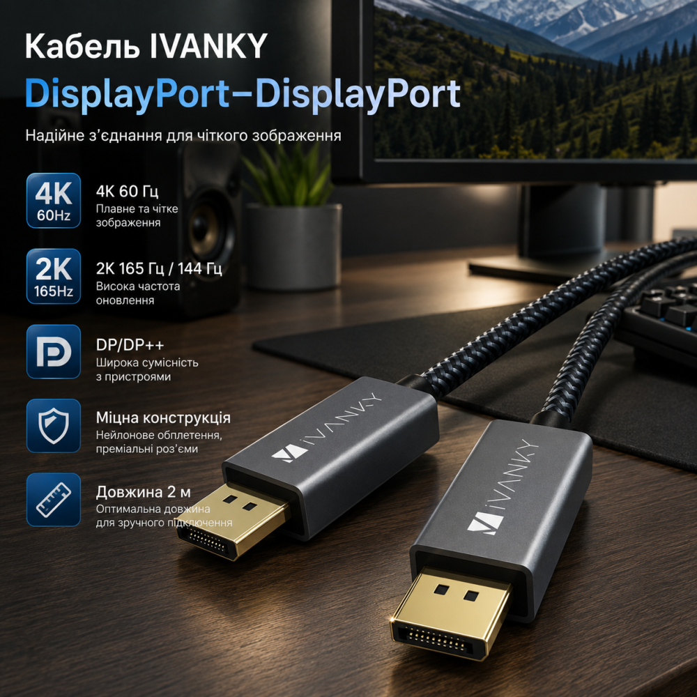 Кабель IVANKY DisplayPort–DisplayPort 2 м, 4K 60 Гц, 2K 165/144 Гц, DP/DP++ для монитора и ПК Киев - изображение 5