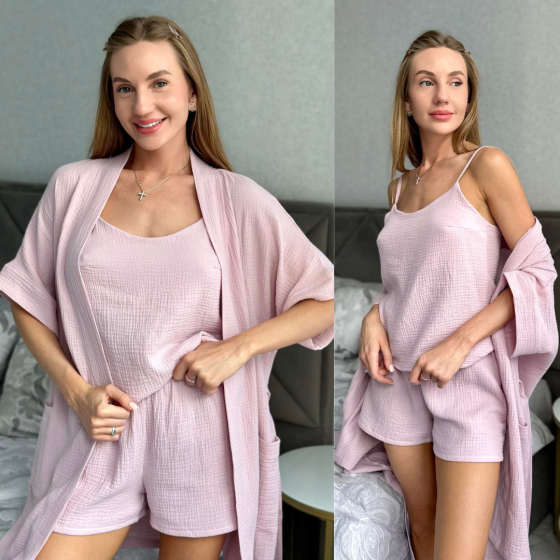 Жіноча піжама комплект халат шорти майка бавовняна для дому та сну COSY Hawaii муслін рожева L Одеса