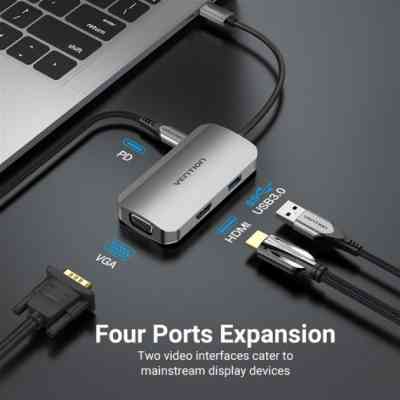 Концентратор Vention USB3.1 Type-C --> HDMI/VGA/USB 3.0/PD 100W Hub 4-in-1 (TOAHB) Винница