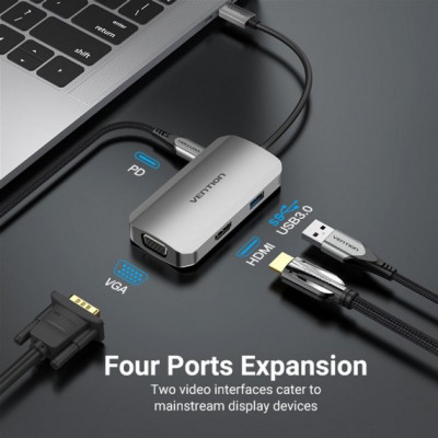 Концентратор Vention USB3.1 Type-C --> HDMI/VGA/USB 3.0/PD 100W Hub 4-in-1 (TOAHB) Винница - изображение 4