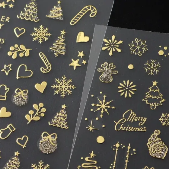 Новогодние наклейки для ногтей с золотым тиснением – набор 2 листа Киев