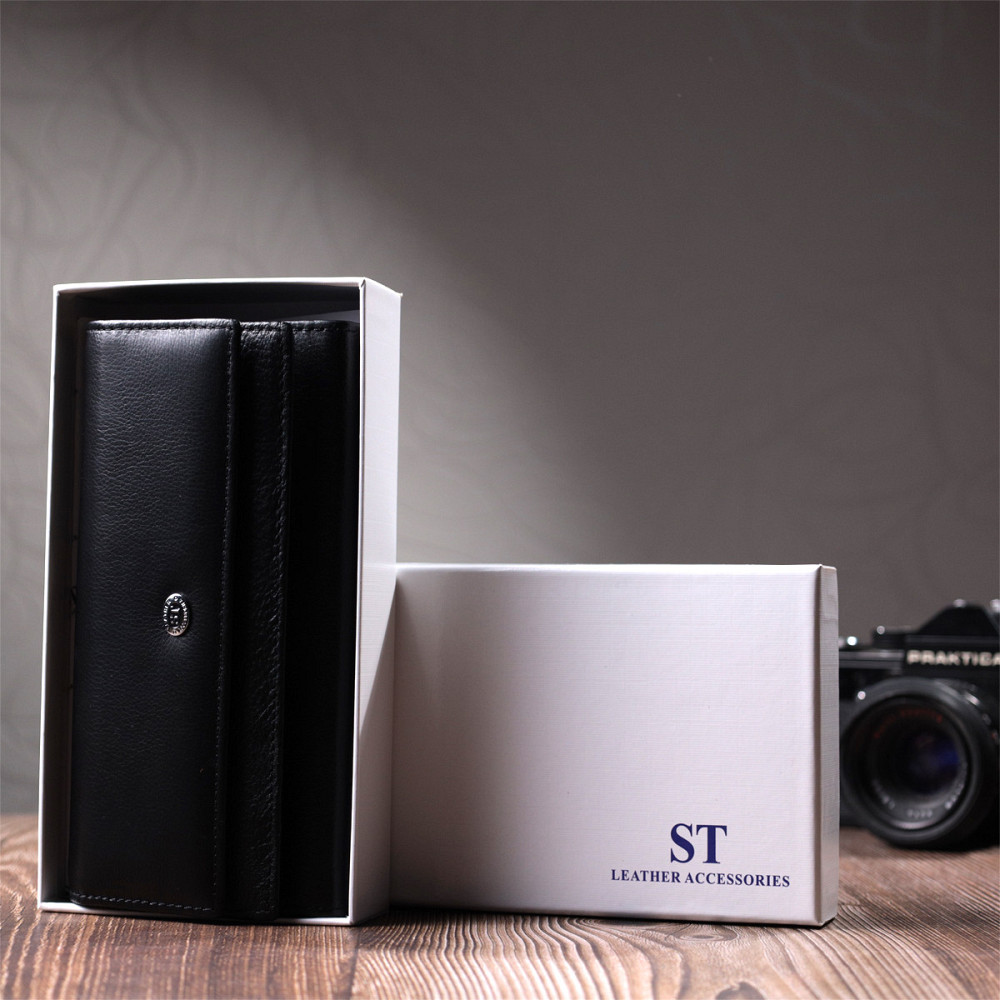 Функціональний жіночий гаманець з двома клапанами із натуральної шкіри Чорний (ST Leather) Київ - фото 4