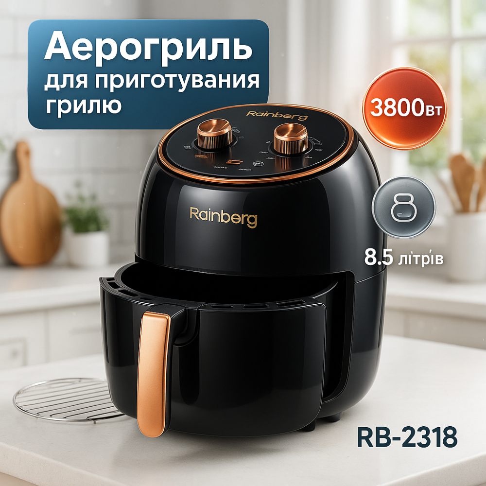Электро Фритюрница безмасляная Rainberg RB-2318 3800Вт с съёмной корзиной 8.5л до 30 мин Black IL-60 Львов - изображение 18