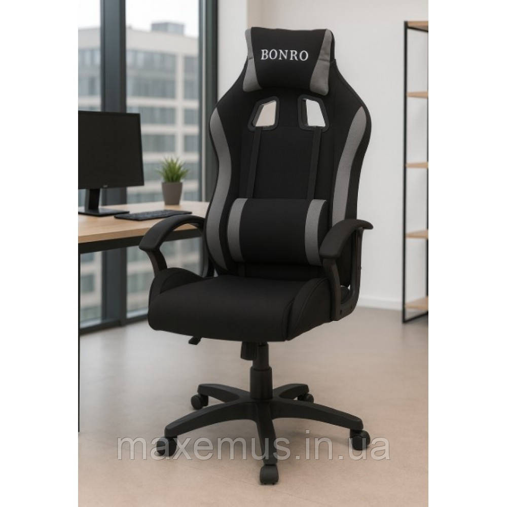 Геймерское кресло игровое с ткани для приставки профессиональное кресло компьютерное Bonro B-944 черно серое Мостиска - изображение 2