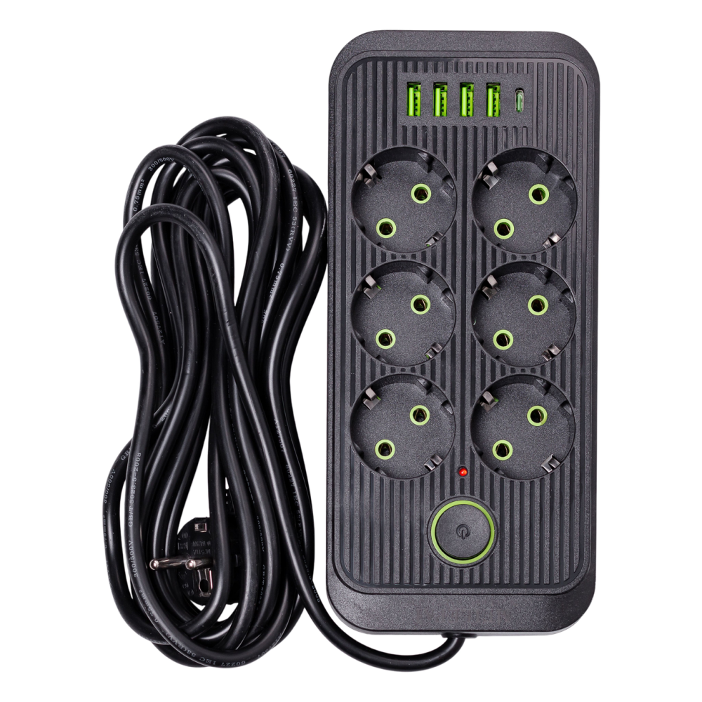 Yiwu Мережевий фільтр 5 м подовжувач F06U на 6 розеток 4 USB 1 Type-C та кнопкою відключення Чо Коломия - фото 1