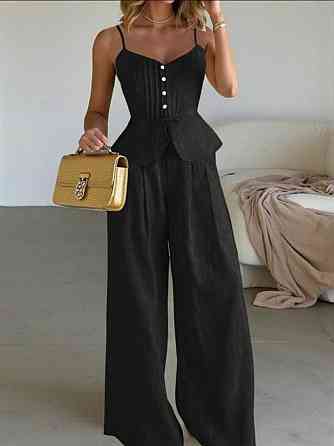 Женский летний брючный костюм двойка: топ и брюки лён Черный, 50/52 Одесса