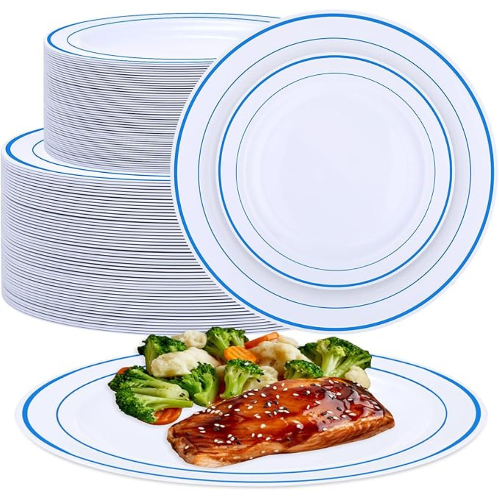 Набір тарілок пластикових круглі 12 шт, десертні 19 см і обідні 26 см, білі з синім контуром Кам'янець-Подільський - фото 4