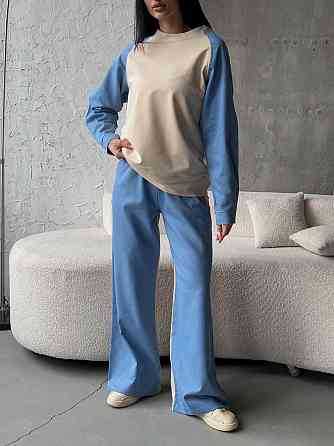 Жіночий ефектний комбінований костюм-двійка: кофта та штани джинс-котон + турецька двонитка Блакитний, 46/48 Одеса