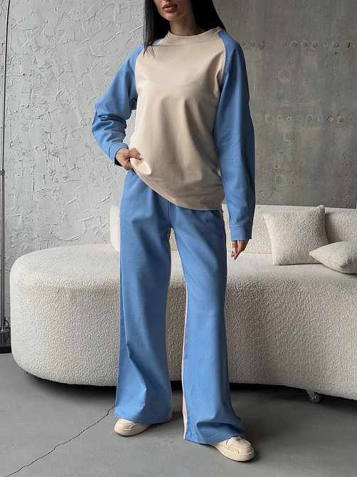 Жіночий ефектний комбінований костюм-двійка: кофта та штани джинс-котон + турецька двонитка Блакитний, 46/48 Одеса - фото 1