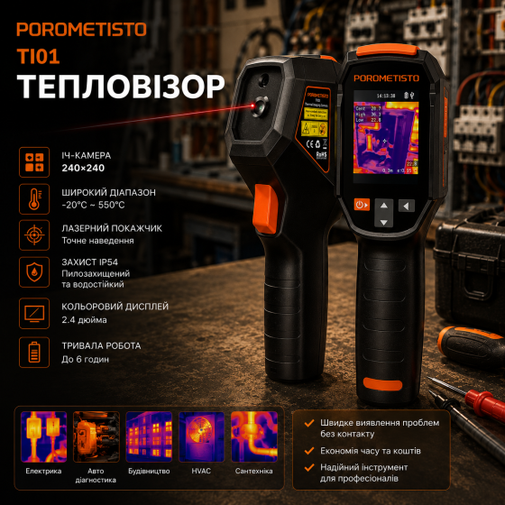 Тепловизор TI01 с ИК-камерой 240×240, лазерным указателем, IP54, диапазон -20°C…550°C, тепловизионная камера для диагностики Киев