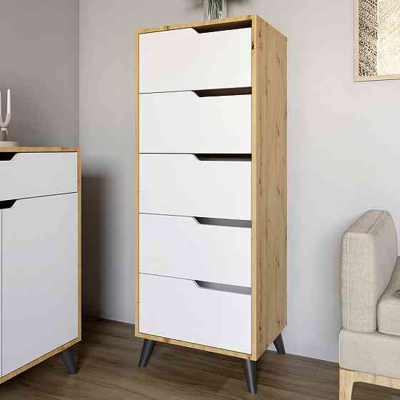 Комод высокий с черными ножками 5 ящиков М-ЗОН Борн 500 Дуб Артизан/Нимфея Альба (белый) (MZN-031104) Львов