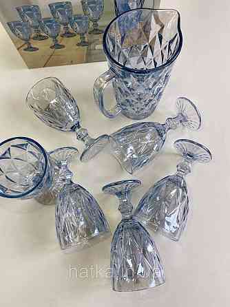 Набір 6 шт. келихів + глечик 1 л. «Дзеркальний Смарагд» 300 мл блакитний колір Київ
