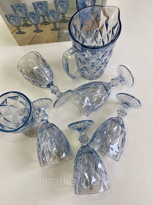 Набір 6 шт. келихів + глечик 1 л. «Дзеркальний Смарагд» 300 мл блакитний колір Київ - фото 3