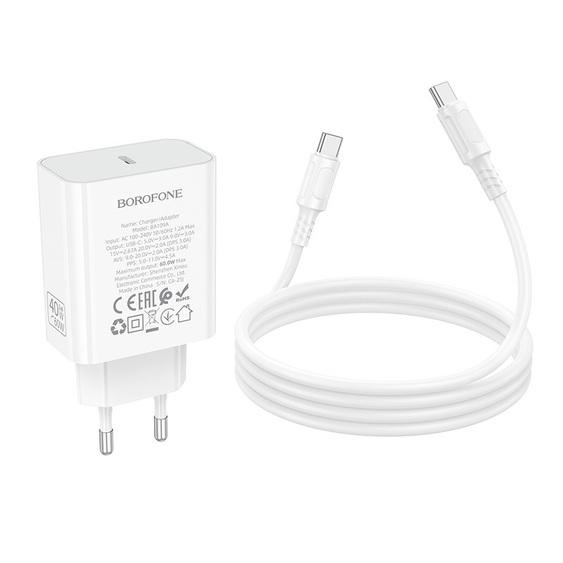 Мережевий зарядний пристрій з кабелем BOROFONE BA109A Star single port PD40W charger set (C to C) (EU) White Одеса - фото 7