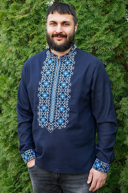 Вишиванка чоловіча, лляна, з довгим рукавом, темно-синя,  - , топ 46 Київ - фото 1