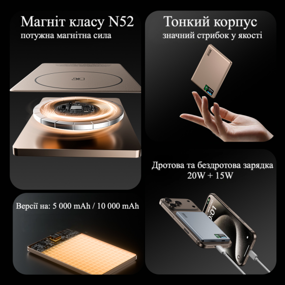 Повербанк 007 10000 mAh 20W з FTF-дисплеєм (MagSafe) - золотий титан Киев