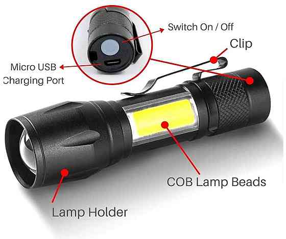 Світлодіодний LED-ліхтарик 10 см акумуляторний із зарядкою від USB з нагрудним фіксатором Паковання — пакет (23412) Чернігів