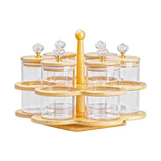 Банки для сыпучих продуктов набор из 6 штук по 580 мл на деревянной подставке HP16292 Киев