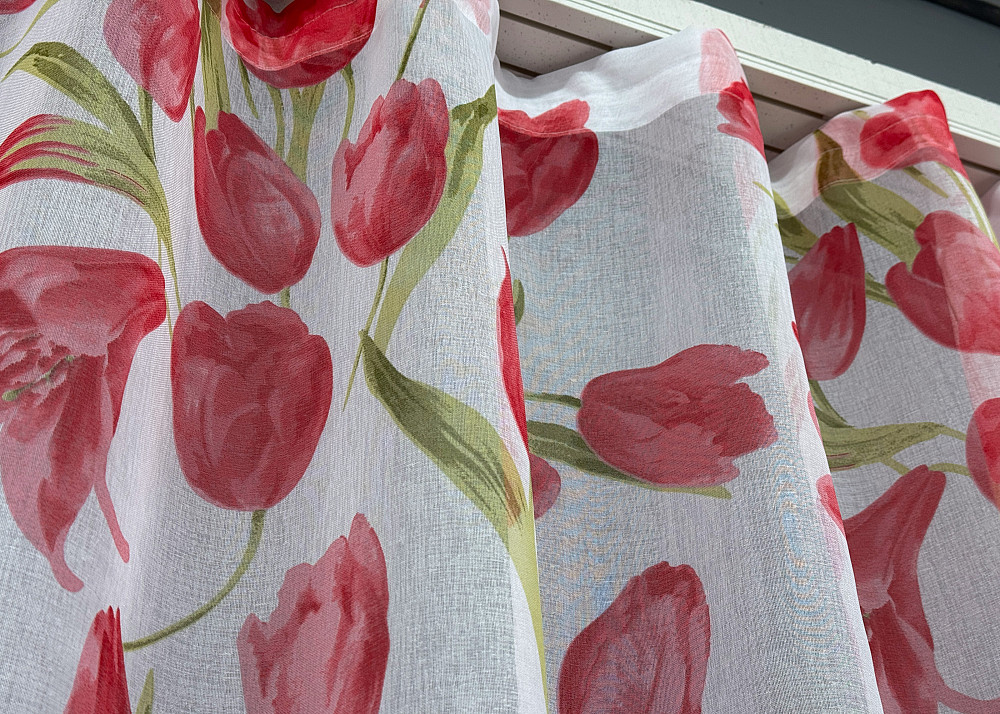 Тюль батист, колекція "Flora" колір білий з червоним квітковим принтом 1171т Київ - фото 7