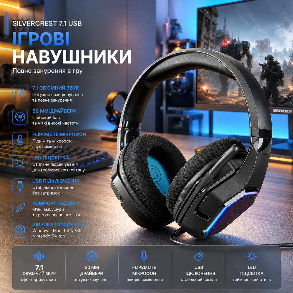 Игровые наушники SILVERCREST 7.1 USB, Over Ear, динамики 50 мм, LED-подсветка, микрофон Flip2Mute, объемный звук Киев - изображение 3