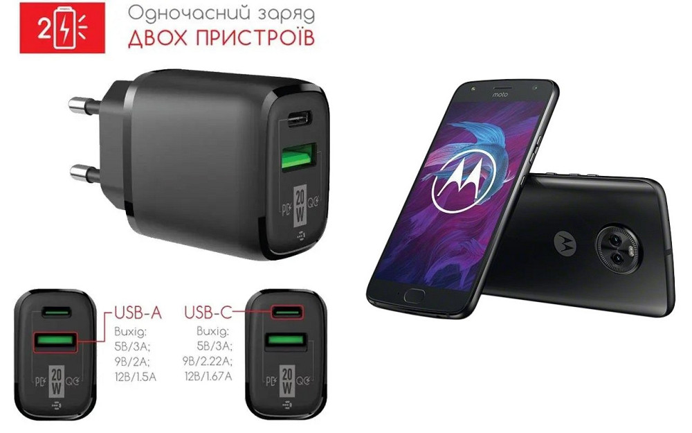 Сетевое зарядное устройство для Motorola Moto X4, 20W 3A, Quick Charge 3.0 Киев - изображение 1