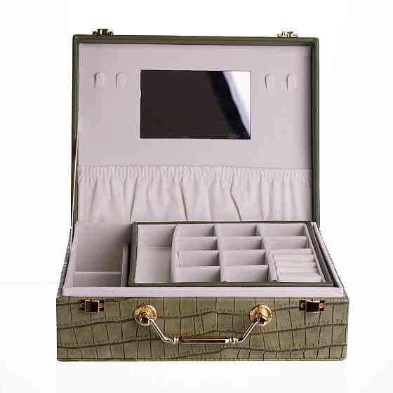 Скринька для прикрас з еко шкіри 19 відділень з дзеркалом 23.5×14×8 см Зелений HP-5-20GR Коломыя