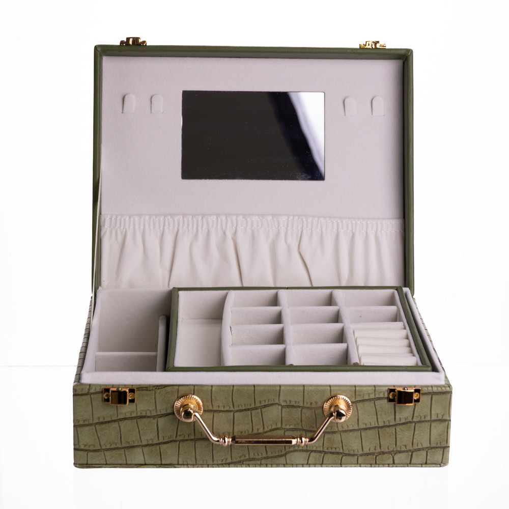 Скринька для прикрас з еко шкіри 19 відділень з дзеркалом 23.5×14×8 см Зелений HP-5-20GR Коломия - фото 2