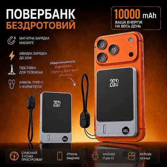 Повербанк беспроводной 10000 mAh с магнитной зарядкой 15W, быстрой зарядкой 20W, кабелем Type-C и подставкой MagSafe,Grey Каменец-Подольский
