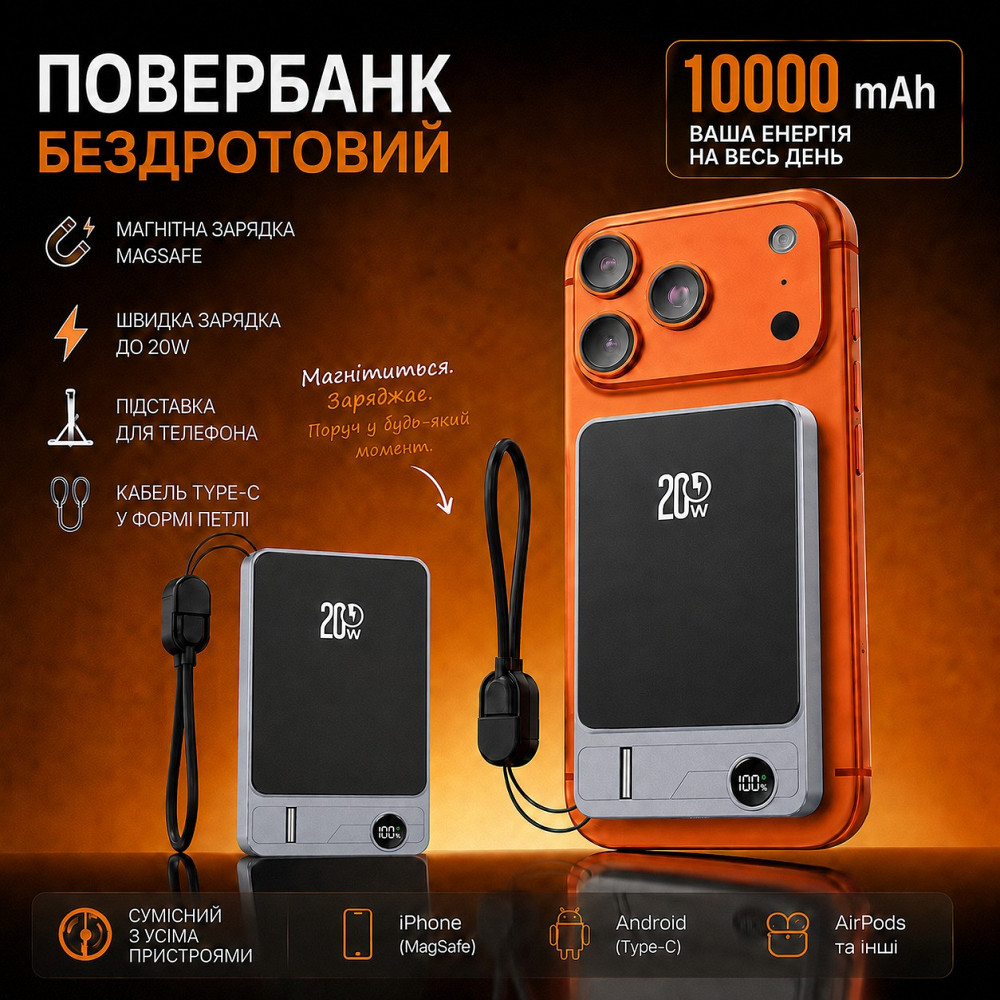 Повербанк беспроводной 10000 mAh с магнитной зарядкой 15W, быстрой зарядкой 20W, кабелем Type-C и подставкой MagSafe,Grey Каменец-Подольский - изображение 1