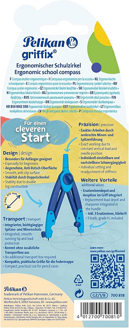 Циркуль школьный Pelikan Griffix 150 мм с грифелем точилкой защитой металлического наконечника синий Киев - изображение 2