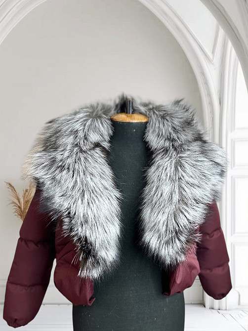 Жіноча куртка пуффер з натуральним хутром чорнобурки Бордовий XS-XL Харків - фото 2