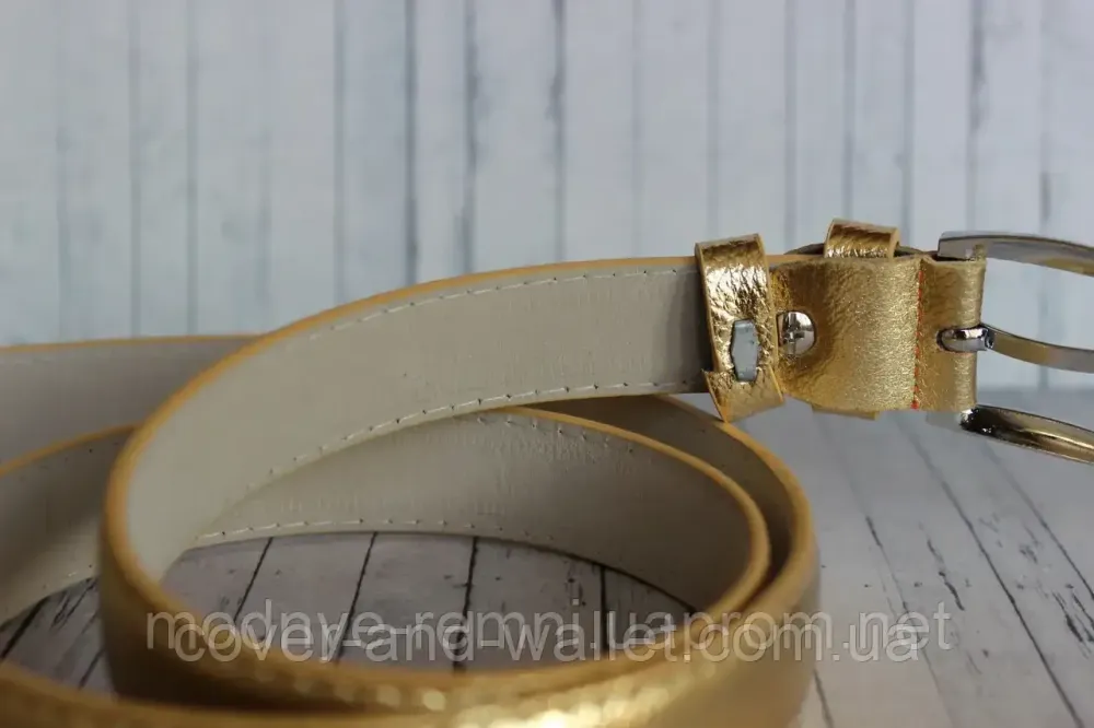 Стильний жіночий ремінь із натуральної шкіри золотистого кольору 35мм PS Leather Київ - фото 3