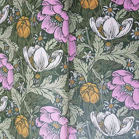 Обои флизелиновые экологически чистые Rasch Salisbury 0.53х10 цветы яркие розовые желтые бежевые на зеленом Киев