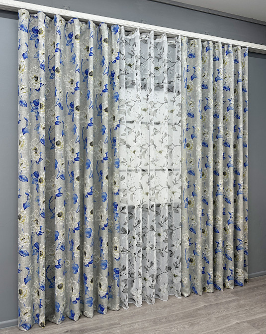 Комплект штор VR-Textil Лен Прованс 100х270 2шт и Тюль 300х270 2078ш-1681т Светло-серый с синим и белым 71-207/1 Киев - изображение 3