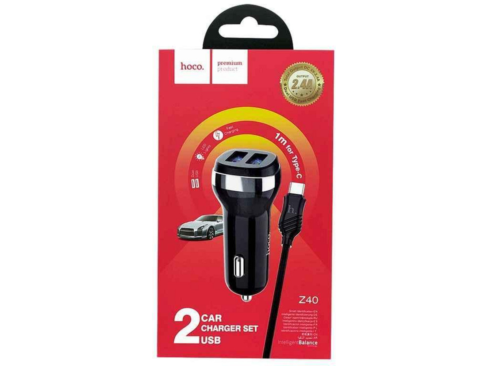 Автомобільний зарядний пристрій Type-C Hoco Z40 2.4А/2USB чорне 1м (12) ТМ HOCO Solmir Київ - фото 1