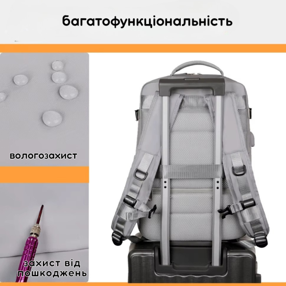 Рюкзак городской для путешествий дорожный с влагозащитой с портом для заряки 40х20х25 см,серый Каменец-Подольский