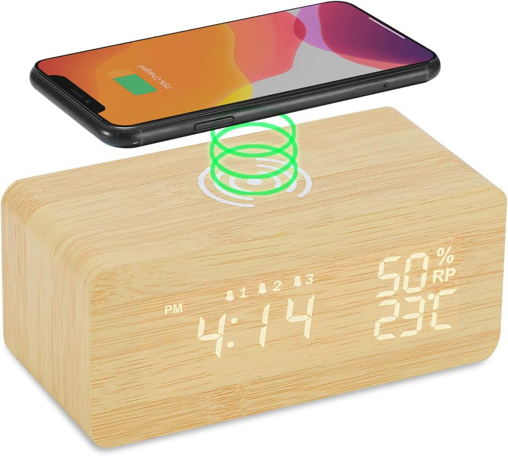 Цифровой будильник LAOPAO с беспроводной зарядкой, LED-дисплеем, 3 будильниками, температуры и влажности Киев - изображение 1