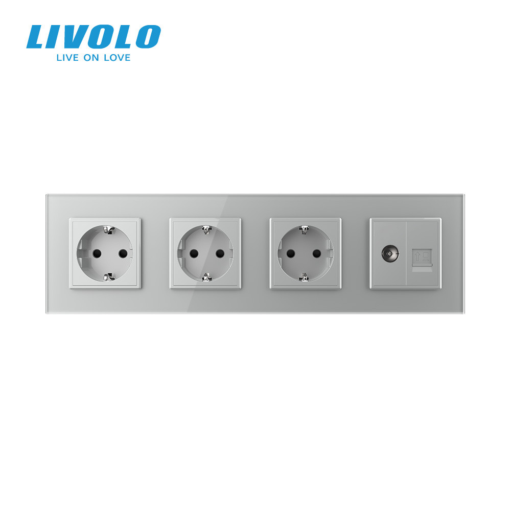 LIVOLO Розетка чотиримісна комбінована Силова Інтернет ТБ Livolo сірий скло (VL-C7C3EU1C1V-15) Коломия - фото 2