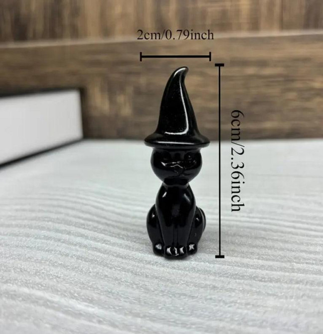 Фигурка кота в шляпе ведьмы из натурального камня обсидиана 60*20 мм 1 шт. Киев - изображение 1