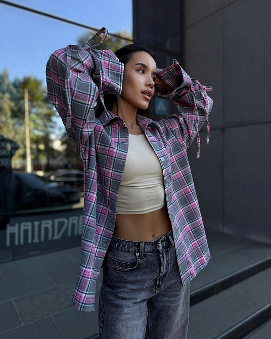 Жіноча базова сорочка кімоно оверсайз у клітинку турецька фланель Сірий Одеса - фото 6