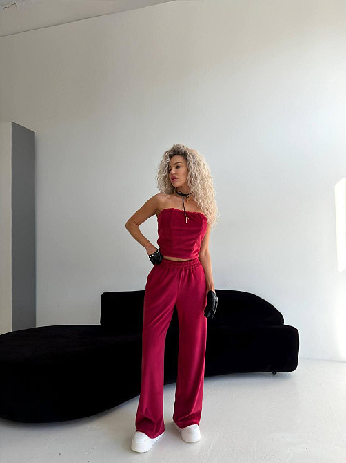 Женский велюровый костюм тройка: кофта корсет и штаны Бордовый, 42/46 Одесса - изображение 6