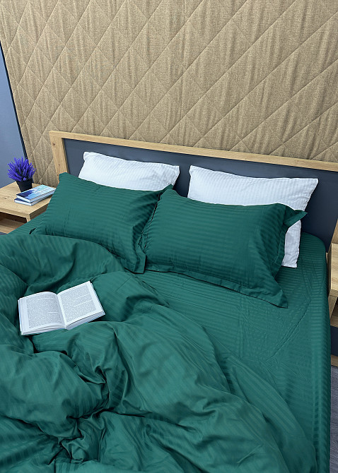 Комплект постільної білизни Страйп-сатин Євро 200х230 з простирадлом на резинці Смарагдовий (88-164) Київ - фото 6